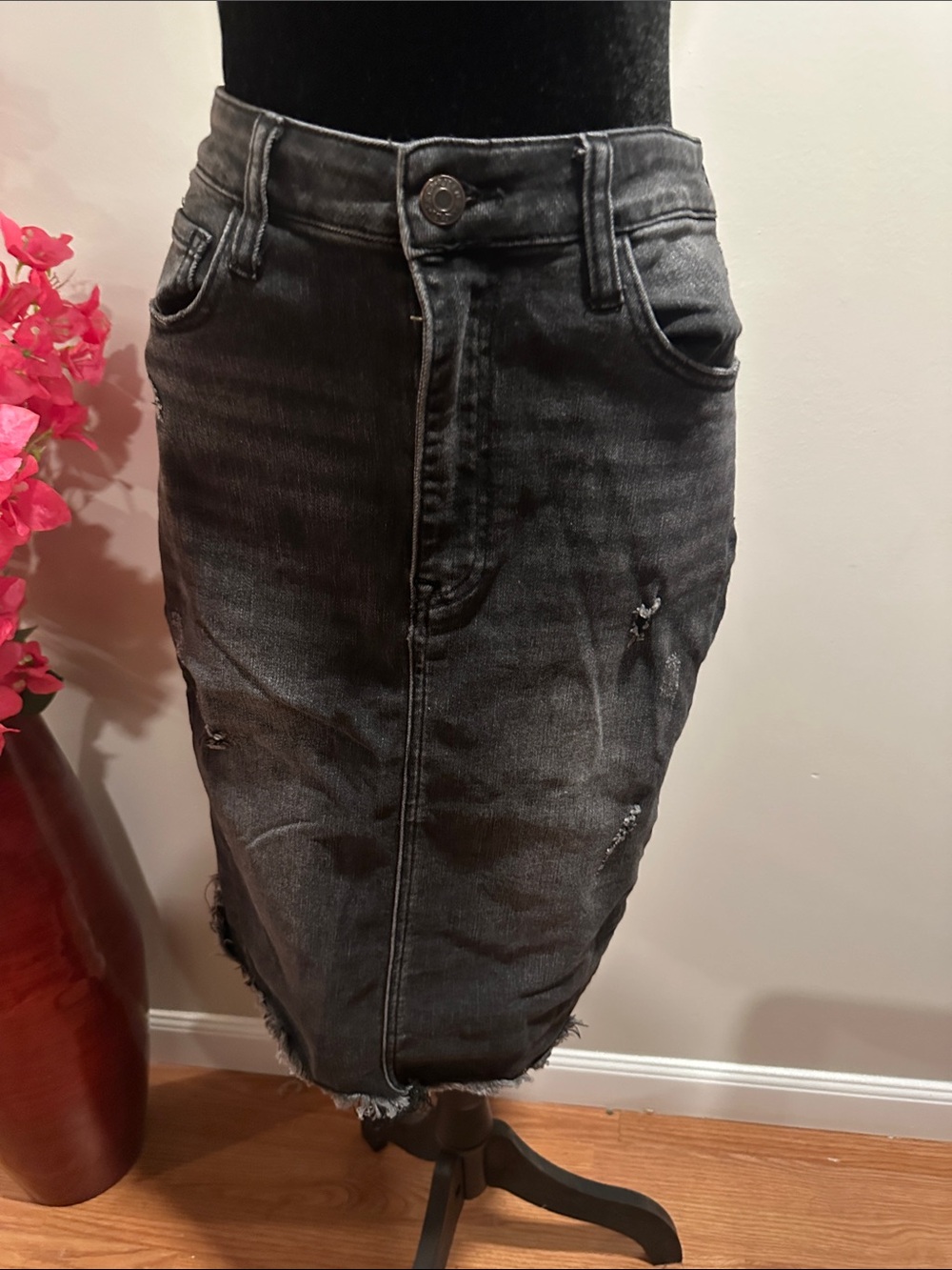 Black Washed Denim Pencil Skirt - Distressed Mid-Rise